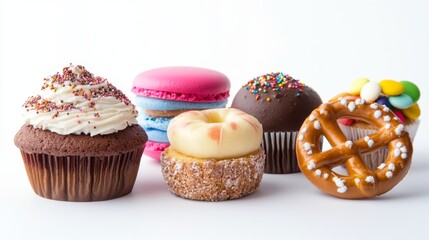 6.An assortment of bakery sweets, featuring a perfectly baked apple pie, a frosted cupcake, a golden pretzel, colorful macarons, and a rich chocolate cake, presented in a minimalist and vibrant