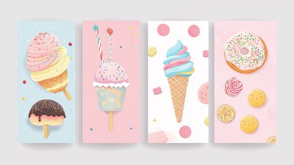 7.Set of bakery, candy, cotton candy, ice cream flyers, banners. Collection of pages for kids menu, cafe, posters. Macaroons, donuts, lollipop shop cards, cafeterias advertise. Template vector