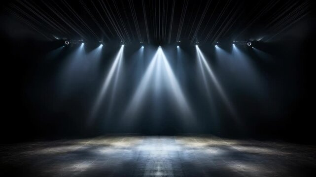 A dramatic stage with spotlights beaming down, captured from a frontal angle. Perfect for video backgrounds or performance concepts. Live desktop wallpaper.
