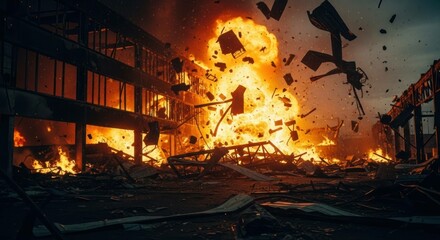 Building destroyed in fire with scattered debris and rubble everywhere