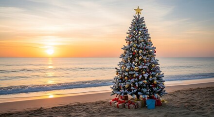 Christmas Tree on Tropical Beach Sunrise Festive Holiday Scene