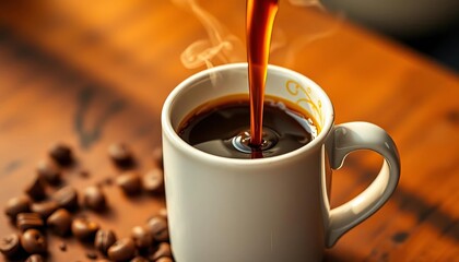 Rich brown coffee cascading into a warm mug, steam rising, kitchen, hot