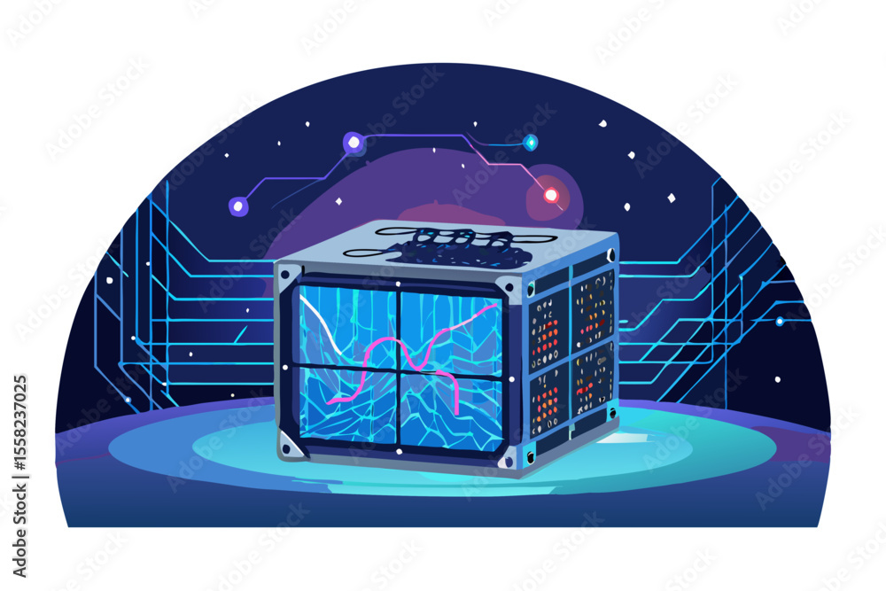 Poster futuristic quantum computer processing complex data on a glowing blue platform