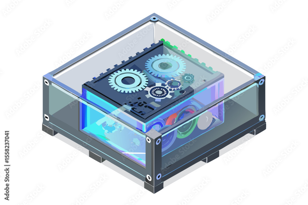 Aufkleber transparent cube showcasing intricate internal gears and glowing digital components with a holograph