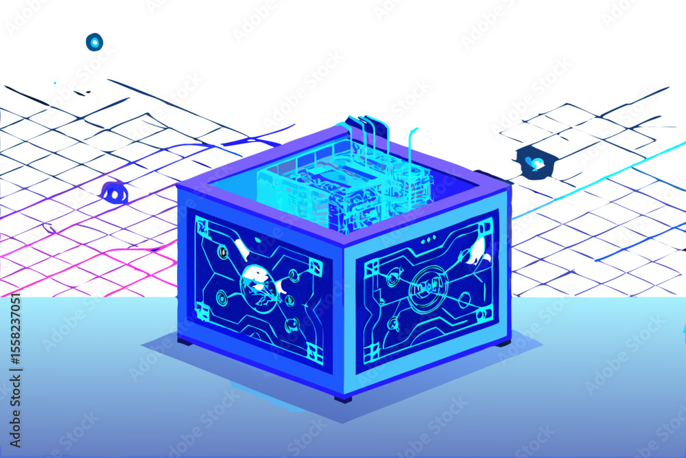 Poster futuristic glowing blue cube with intricate circuitry and internal components on a digital grid