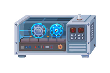Fototapeta premium Futuristic Scientific Machine with Blue Glowing Gears and Digital Displays