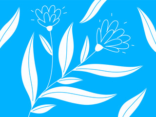 Seamless pattern of stylized white flowers and leaves on a bright blue background. A cheerful and modern design perfect for various applications.