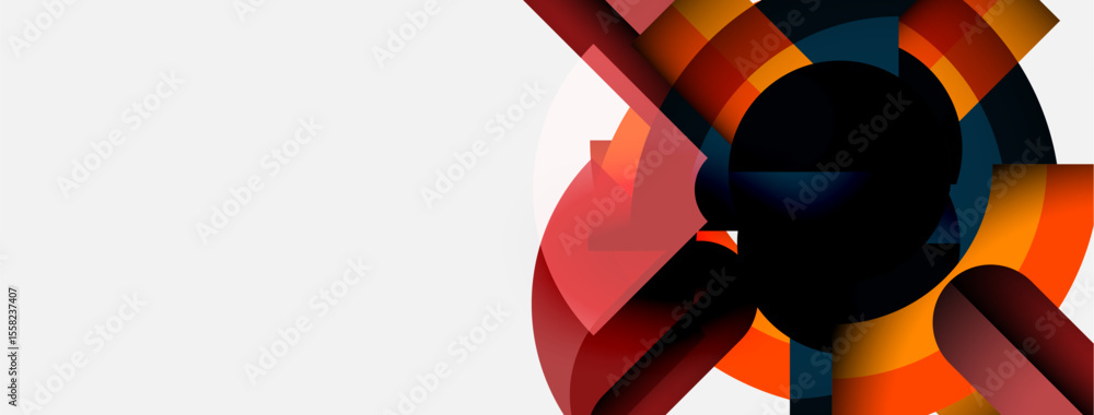 Poster abstract design features circular shapes, vibrant colors. orange, red, black hues dominate compositi