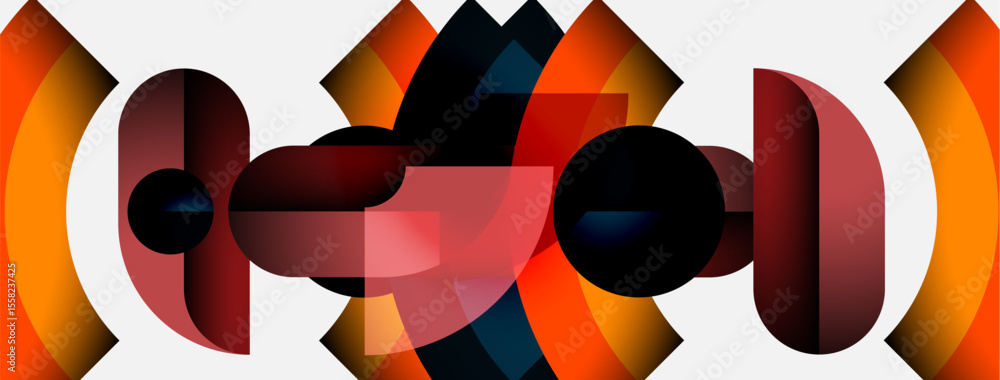 Poster Abstract geometric composition. Shapes overlap, creating dynamic visual effect. Warm colors dominate, with contrasting dark accents. Modern design.