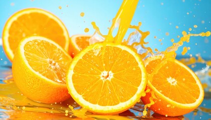 Fresh orange halves with juice splash on reflective surface and blue background, vibrant citrus fruit concept
