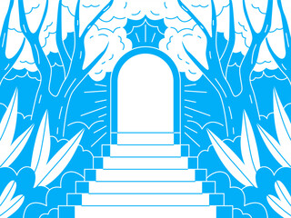 Naklejka premium An illustration of a grand archway, standing at the top of a staircase leading into an unknown dimension. Illustrative archway with trees on both sides and a glimpse of fluffy clouds.
