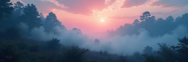 Fototapeta premium Mysterious Hazy Landscape Soft Light Bathes Dreamy Scene, Perfect Atmospheric Background for Fantasy, Sci-Fi, and Nature Projects