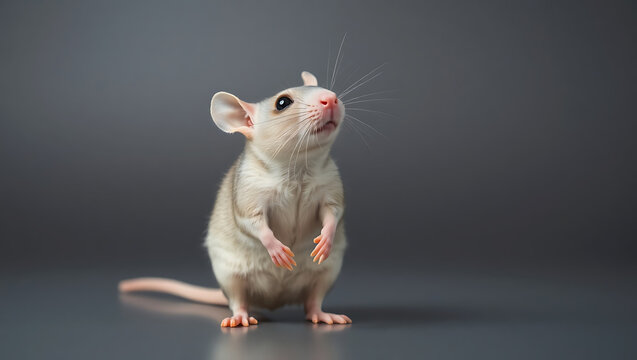 Curious light colored rat standing on hind legs looking up with pink nose and whiskers