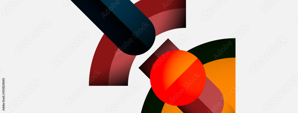 Aufkleber Abstract geometric shapes overlap, creating vibrant color contrasts. Red sphere dominates composition, balanced by darker hues. Minimalist design.