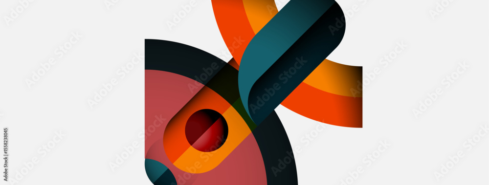 Poster Abstract composition featuring layered ribbons, circles. Warm, cool tones create dynamic visual interest. Minimalist design, modern aesthetic.