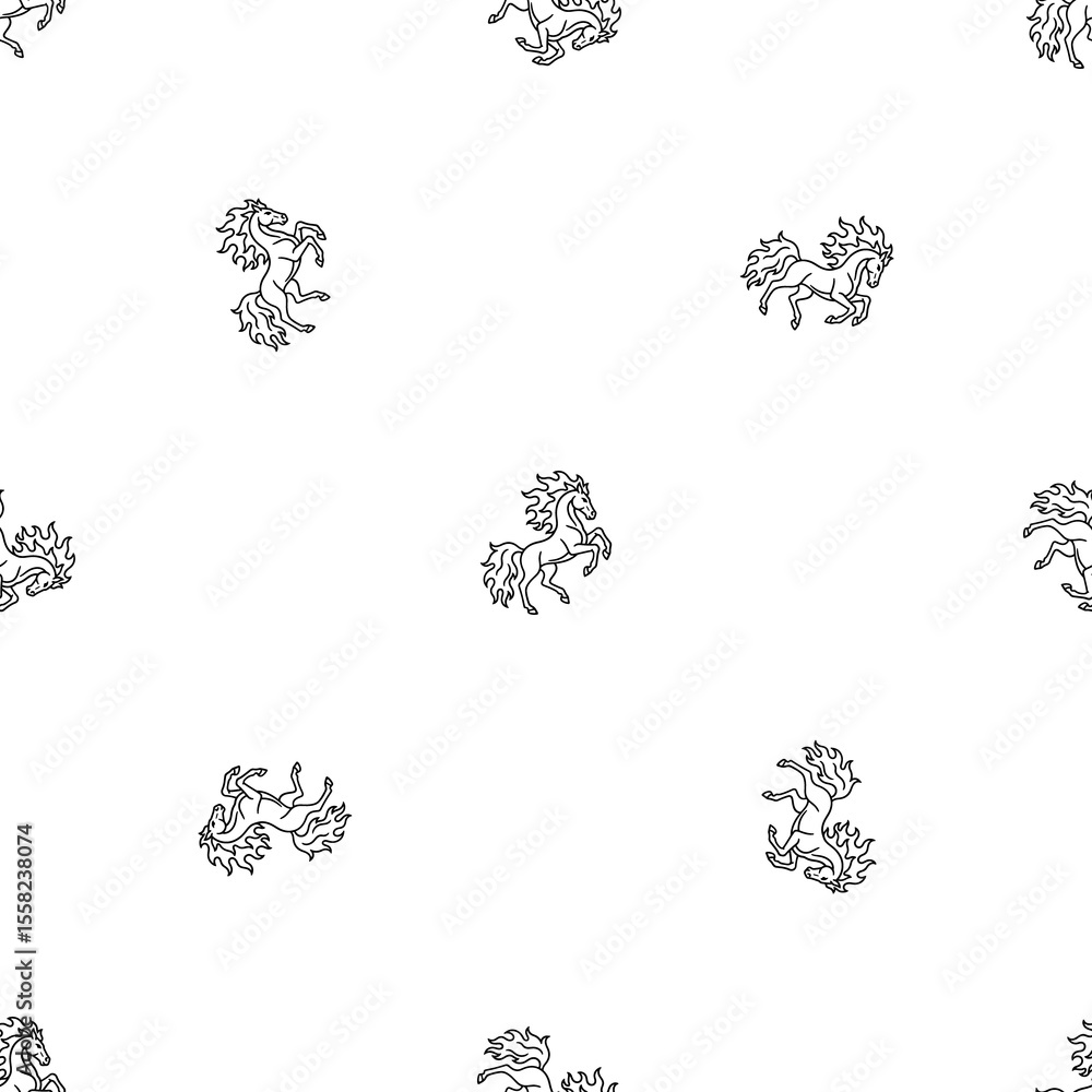 Poster seamless pattern of repeated black fiery horse symbols. elements are evenly spaced and some are rota