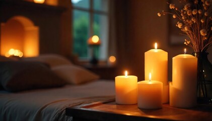 Romantic Candlelight Illuminates Cozy Interior, Casting Soft Shadows for Home Decor, Relaxation, and Spa
