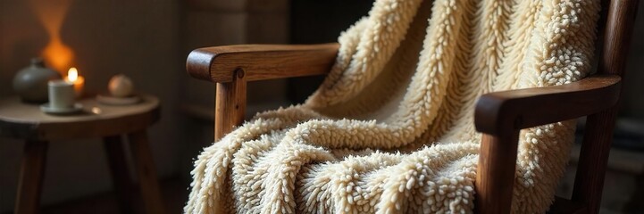 Cozy Soft Blanket Draped on Rustic Wooden Chair Autumnal Warmth and Comfort