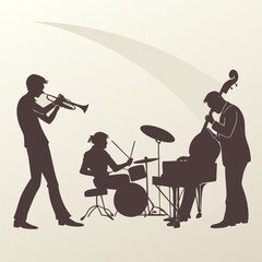Silhouette of a jazz band playing music with a trumpet player drummer and upright bass player in a minimalist style