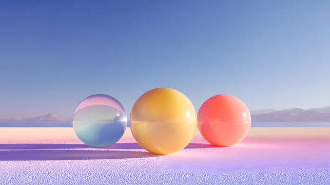 Spherical Harmony: Three orbs, each a unique color, rest gracefully on a surface, with a radiant gradient sky. The artful composition sparks the imagination. 
