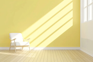 Minimal armchair in yellow room with bright window light