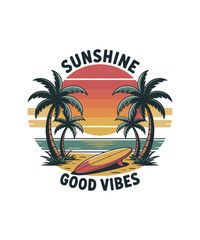 Fototapeta premium Hand-drawn vintage sketch-style vector illustration of a tropical beach scene t-shirt design, Sunshine paradise graphic print design. tropical island art for fashion, beach wave art, easily editable.
