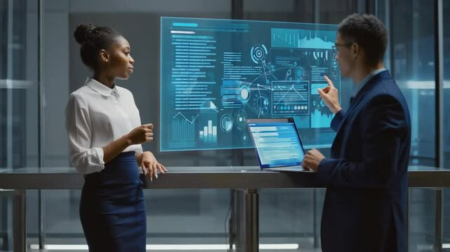 Analyzing Data: Two Professionals Discussing Charts and Graphs on Interactive Display - Powered by Adobe