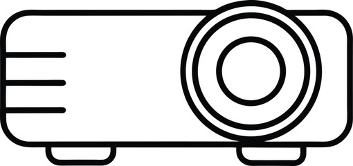 Black outline drawing of a modern projector with a circular lens isolated on white background