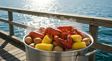 Delicious Seafood Boil with Lobster, Corn, and Potatoes by the Ocean