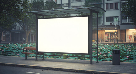 Obraz premium Blank billboard on a bus stop at dusk