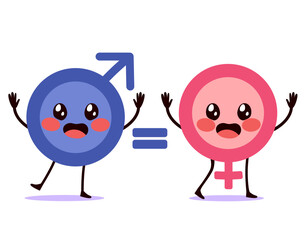 Vector illustration cartoon of gender symbols characters representing feminist movement and social equity for women’s rights