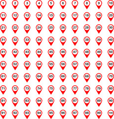 Location pin icons with number. Map marker symbol set with 1 to 100 numbers. Transparent vector illustration.