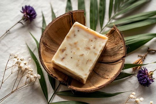 Artisan Handmade Soap Bar in Coconut Shell Bowl Natural Skincare