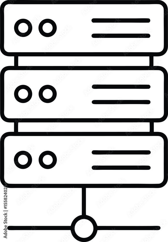 Poster simple black outline icon representing a server rack with multiple units isolated on white backgroun