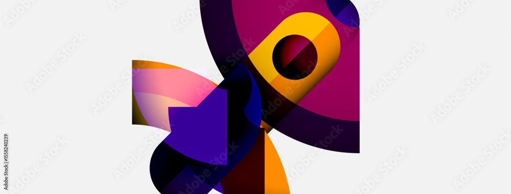 Poster abstract composition features vibrant shapes, curves, overlapping forms. purple, orange, magenta dom