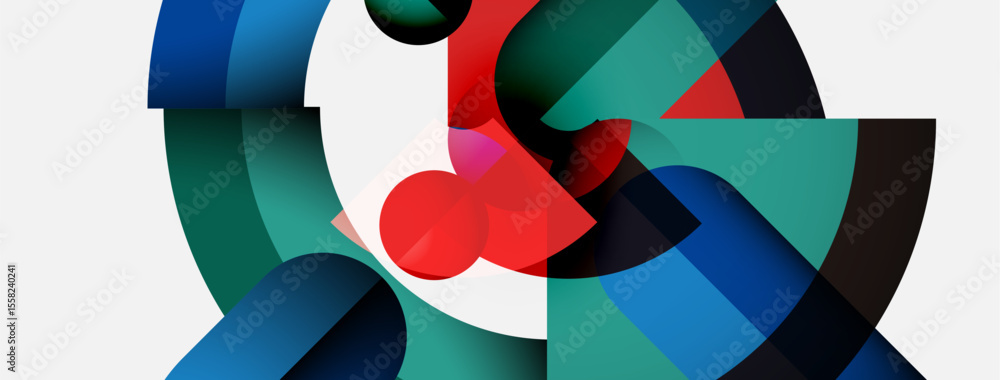 Poster Abstract composition. Overlapping shapes create dynamic visual experience. Colors blend, forming interesting patterns. Minimalist design.