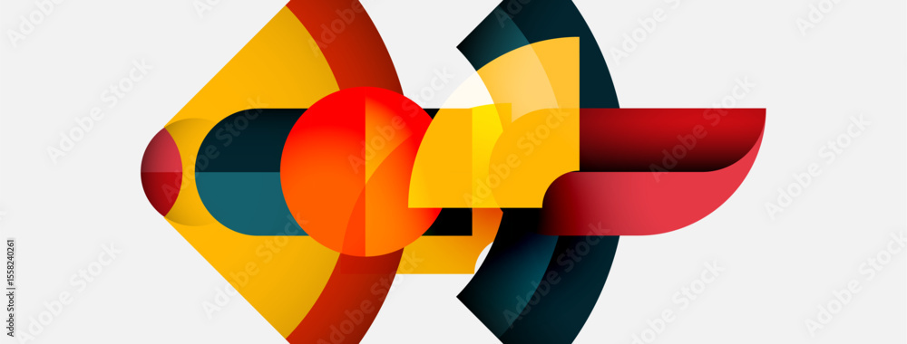 Poster Abstract geometric shapes overlap, creating vibrant color combinations. Composition features curves, angles, dynamic interplay.