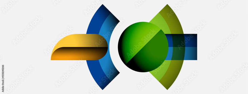 Poster abstract graphic design features colorful curved shapes resembling bird beak, eye. modern, vibrant c