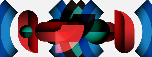 Obraz premium Abstract composition. Shapes overlap, creating dynamic visual effect. Red, blue, green hues dominate design. Modern, geometric style.