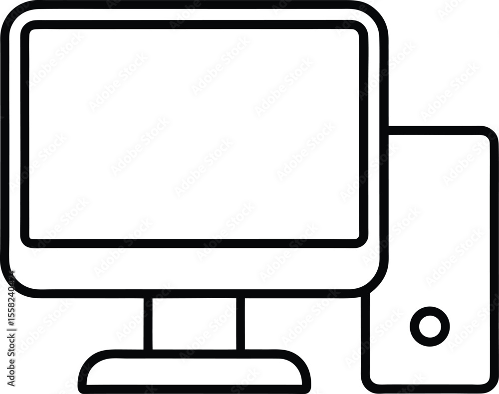 Poster simple black line drawing of a desktop computer and tower isolated on white background