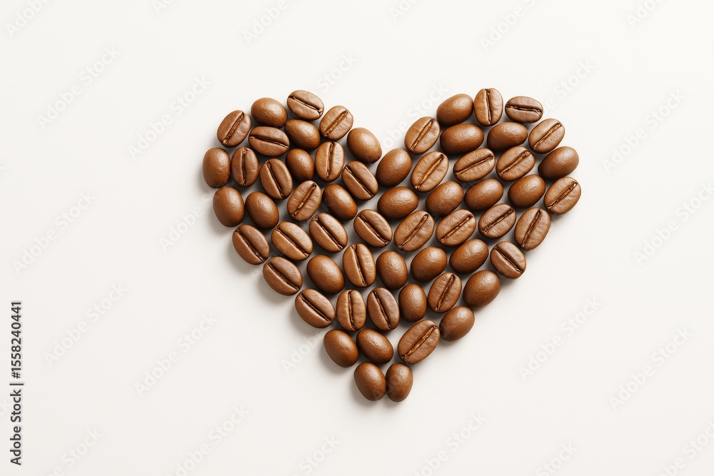 Poster heart made of coffee beans on light background symbolizing love for coffee and food concept in minim