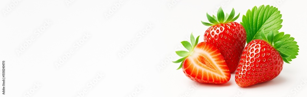 Aufkleber fresh ripe strawberries with leaves and a sliced half on a clean white background with copy space fo