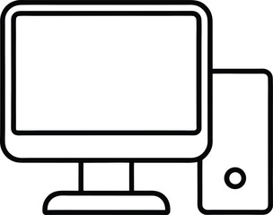 Simple black line drawing of a desktop computer and tower isolated on white background