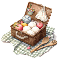 Watercolor Picnic Bento Box with Fruits and Rice Balls – Transparent Background