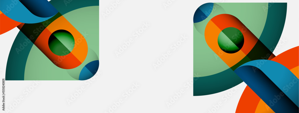 Poster Abstract shapes overlap, creating dynamic compositions. Colors include orange, teal, blue, green. Minimalist design with clean lines.