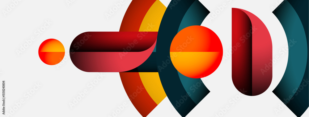 Poster Abstract shapes overlap, creating dynamic composition. Warm colors contrast cool tones. Modern design evokes movement, depth.