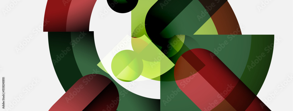 Poster Abstract composition features overlapping geometric shapes. Red, green, yellow hues blend with white background creating dynamic visual effect.