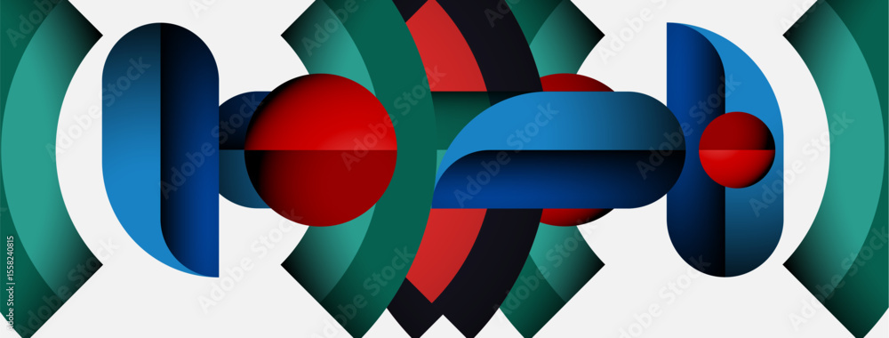 Poster abstract geometric shapes overlap, creating dynamic composition. colors include red, blue, teal, whi