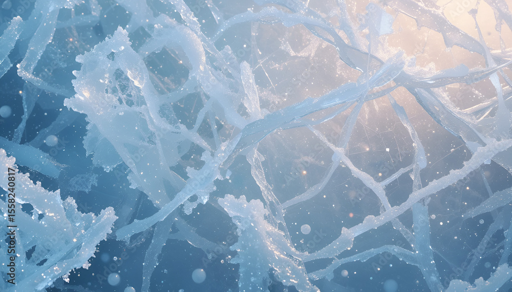Poster delicate ice crystals form an abstract pattern in cool blues, creating a frozen web with shimmering 