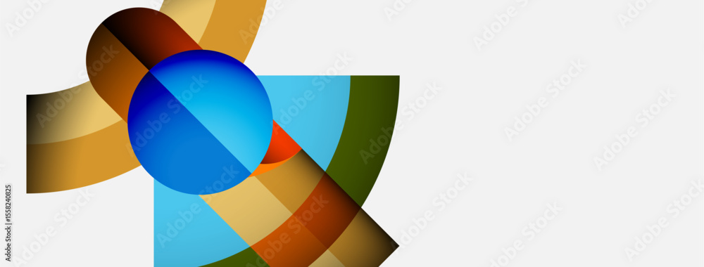 Poster abstract shapes overlap, creating vibrant color blends. blue sphere dominates central space, surroun